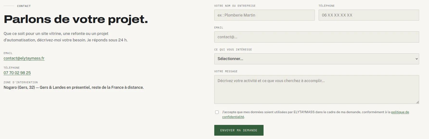 Le formulaire de contact du site ELYTAYMASS