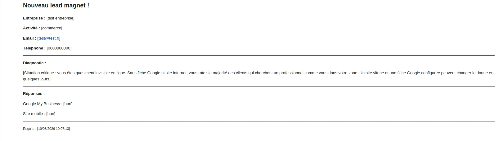 L’email reçu après un envoi du formulaire de diagnostic